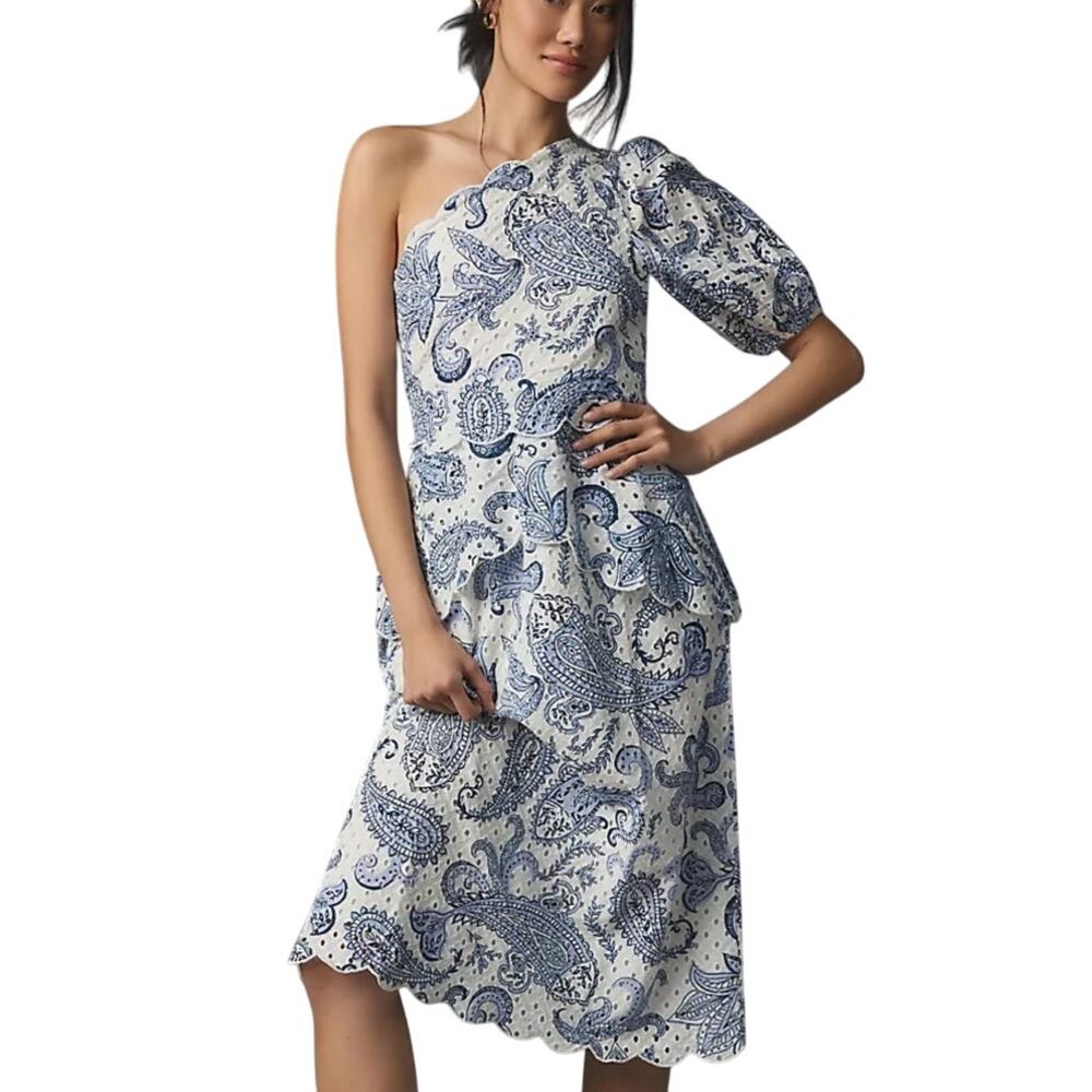 Farm Rio Blue One Shoulder Paisley Eyelet Midi Dress Size XL